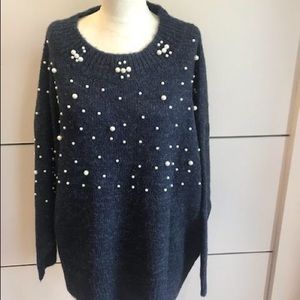 Navy Blue Drop Shoulder Pearls Sweater